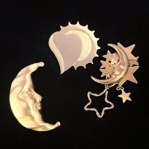 Gold Tone Celestial Brooch Lot Moon Star Heart Sun Face Pins 3 Piece Set